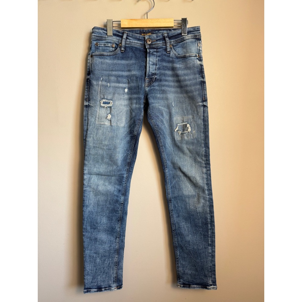 Jack & Jones Glenn Slim Fit Patched Distressed Blue‎ Jeans Mens 30 Button Fly